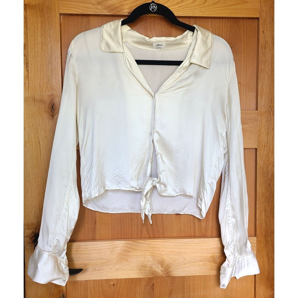 Wilfred 100% Cupro XS Ivory White Long Sleeve Tie Front Blouse Quiet Luxury